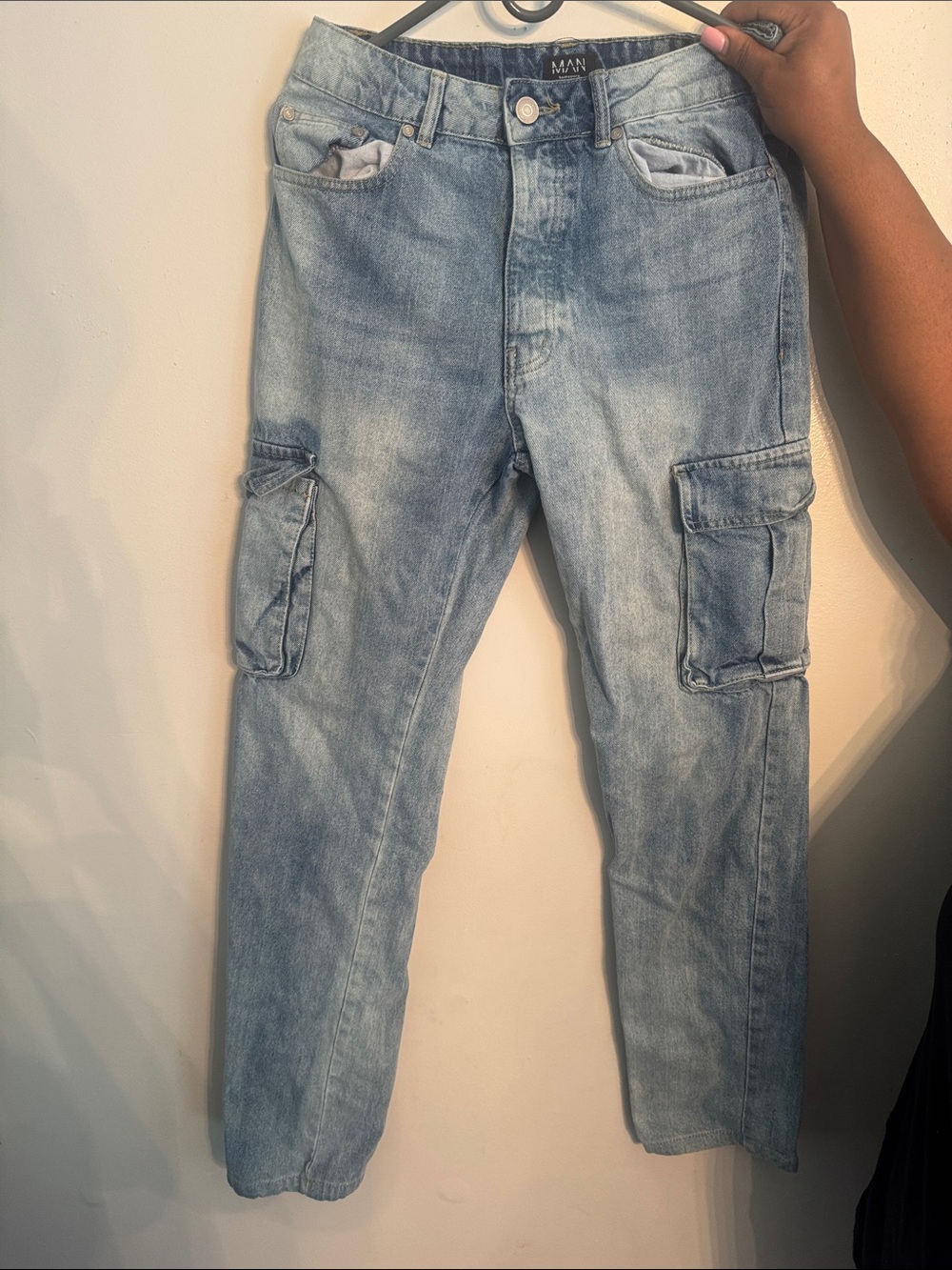 Boohoo Light Blue Straight Cargo Jeans for Men